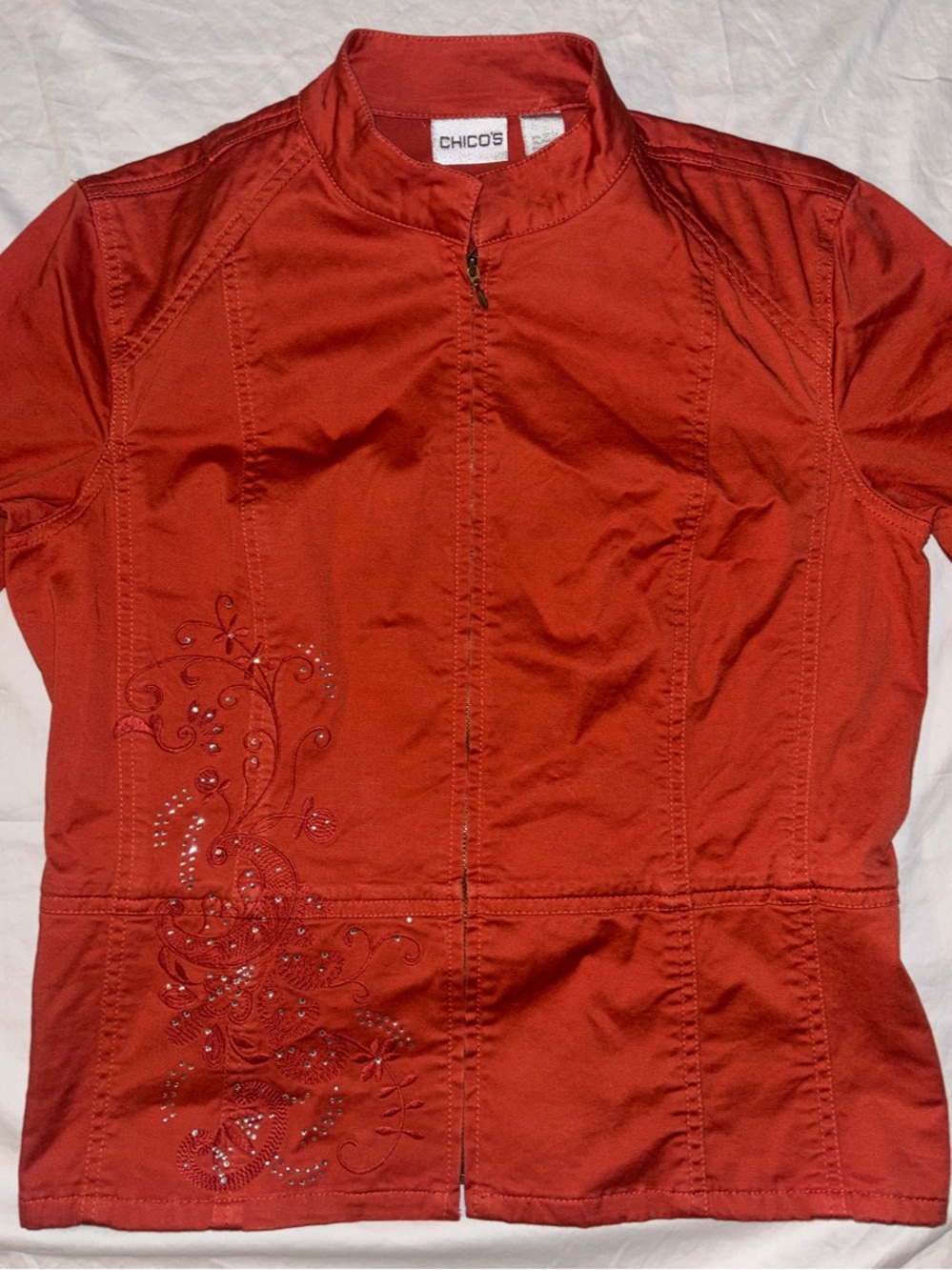 Chico's Women’s Coral Orange Embroidered Full Zip Mock Neck Jacket - Medium